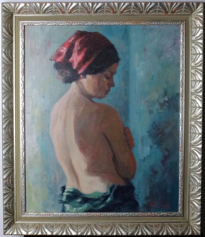 Philippe Alfieri American Female Nude Oil Painting: Signed original oil on canvas painting by Philippe Alfieri (1921-2009 American) Depicts a female nude with red handkerchief tied back hair from a rear view. Nice social realism mid century painting. A