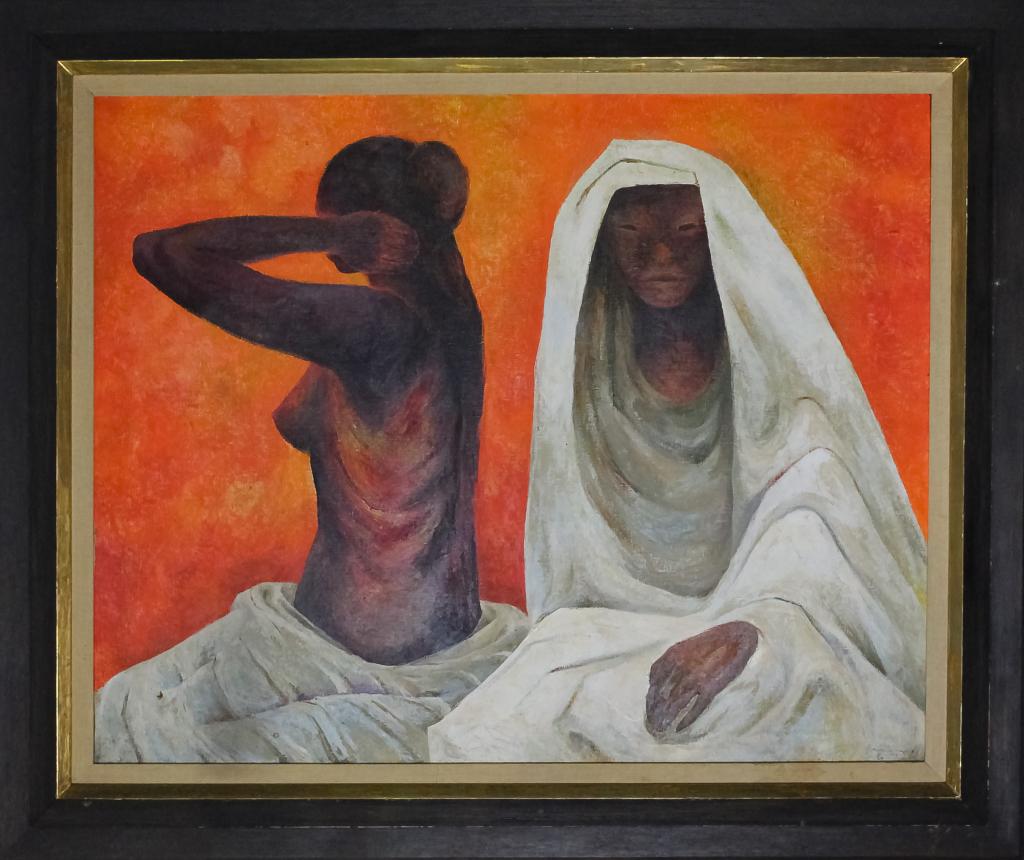 Guillermo Meza (Mexican, 1917-1997) Oil Painting: Guaranteed Authentic Guillermo Meza (Mexico, 1917-1997). Titled on verso "Aura Silencio". Depicts two female modernist figures with orange background. One semi nude female figure facing away. Signed a