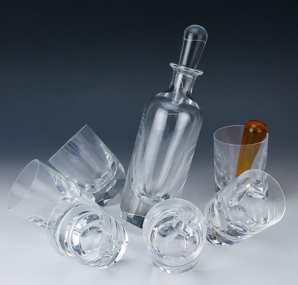 Thomas Bastide For Baccarat Crystal Decanter Set: Guaranteed Authentic Thomas Bastide 20th century signed Limited edition Baccarat crystal " Vertige / projection" decanter set. Clear crystal with amber crystal stopper. Decanter and glasses designed t