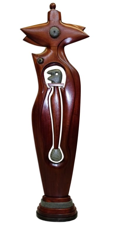 Michael Costello 20th c. Kinetic Art Sculpture: Michael Costello (20th c.) Modernist wooden Hand Carved Kinetic Sculpture. Artwork featuring smooth hand carved cherry wood and cool grey stone accents. The mixed media sculpture adjoins in the middle