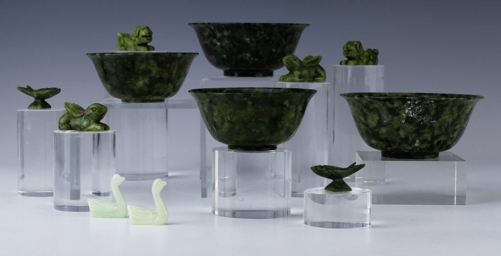 Chinese Vintage Jade Bowls & Chopsticks COLLECTION: Collection of jade items. Comes with a pair of 2 1/8" x 5" green jade bowls, a pair of 1 3/4" x 4" jade bowls, and 14 pairs of jade chopsticks, and 8 chopstick rests. Housed in original boxes. Good ov
