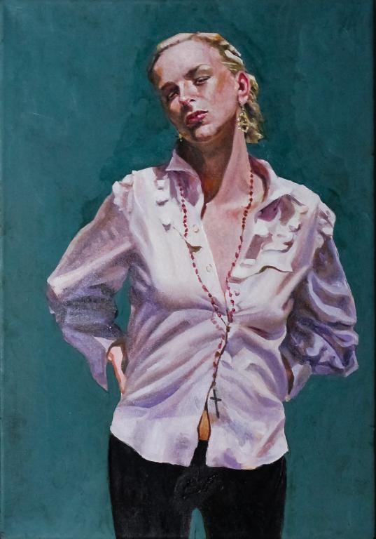 John Hardy (American 1923-2014) N.Y.C Oil Painting: Guaranteed Authentic John Hardy 1923-2003 Original Oil on Canvas. Portrait of Paz de la Huerta NYC 1999. Painting depicts image of María de la Paz Elizabeth Sofía Adriana de la Huerta y Bruce. Featu