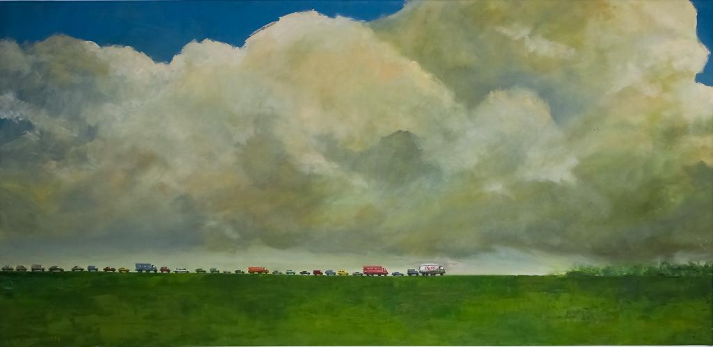 John Hardy (American 1923-2014) N.Y.C Oil Painting: Guaranteed Authentic John Hardy 1923-2003 Original Oil on Canvas. NYC Exxon 2008. Painting depicts image of flat landscape and open road. Features various vehicle sizes and colors trudging along. Canv