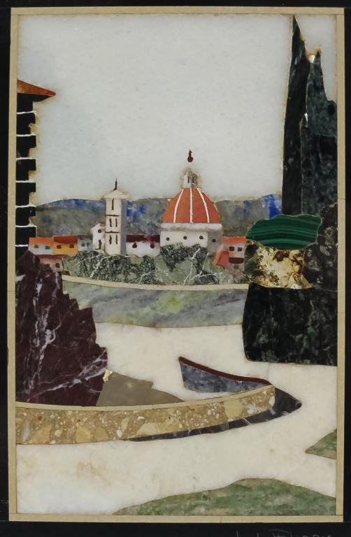 Emilio De Filippis Pietra Dura Landscape Plaque: Plaque by Emilo (Ilio) de Filippis. Crafted of fine quality Italian inlaid natural stone such as jasper malachite and agate. Depicts an Italian village landscape scene with different building structur