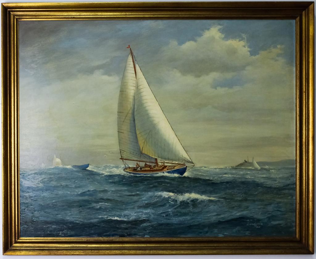 Charles Lundgren 1911-1988 American Ship Painting: Guaranteed Authentic Oil on masonite board painting by Charles J Lundgren (1911 - 1988) New York, Connecticut. Depicts an seascape scene with sailboat vessel in rough seas. Signed and dated 1954 lower
