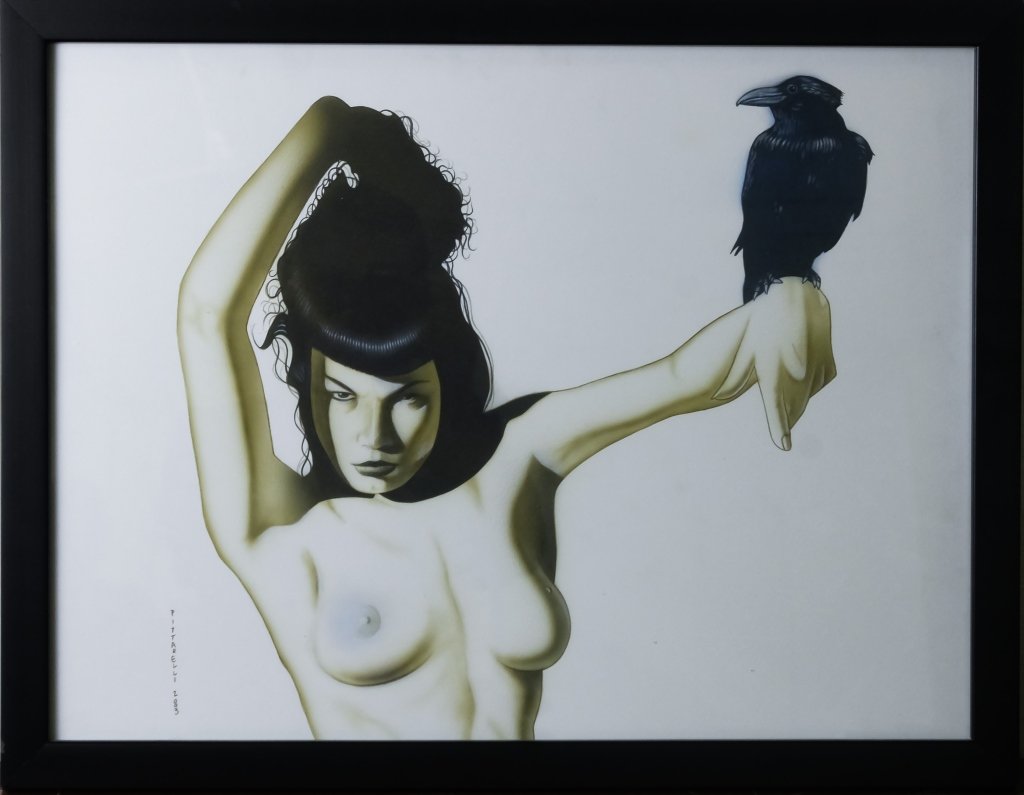 Jeff Pittarelli Female Nude with Crow Painting: Original mixed media on paper painting by Jeff Pittarelli (20th to 21st century American) Depicts a striking image of a black haired female nude with crow resting on her outstretched hand. Artist sign
