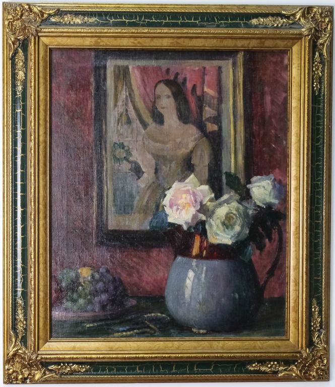 Maud Mary Mason (American, 1867-1956) Oil Painting: Guaranteed Authentic Oil on canvas painting by Maud Mary Mason (1867 - 1956) New York, Connecticut. Depicts an interior still life portrait scene. Signed lower right. The National Arts Club Summer Exh