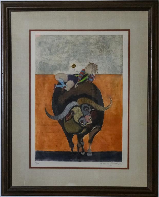 Graciela Rodo Boulanger LE French Engraving SIGNED: Guaranteed Authentic Limited edition color engraving by Graciela Rodo Boulanger (born 1935) Bolivia France. Depicts a modernist figure holding a flower on top of a cape buffalo. Signed in pencil lower
