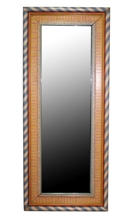 Large Mackenzie Childs Tall Full Length Mirror: Full length hallway or bedroom mirror by Mackenzie childs. Hand painted and crafted wood frame. Features striped pattern with classic Mackenzie colors. Stamped signed on the back. Measures approximate