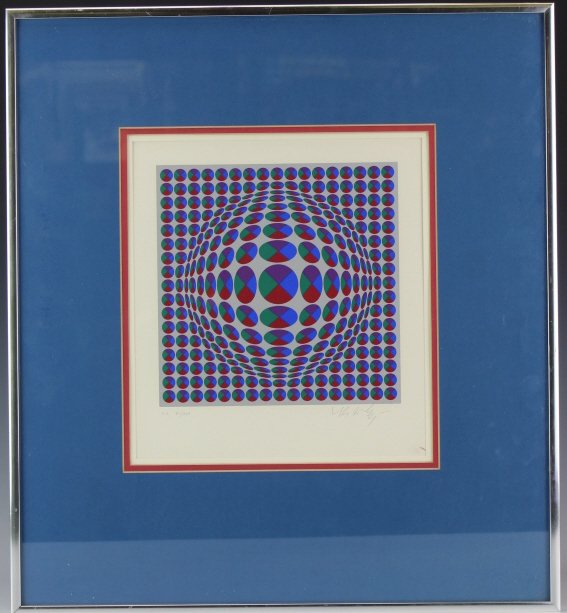 Victor Vasarely (1906-1997) French Op Art LE Print: Guaranteed Authentic Signed and numbered limited edition screen print on paper by Victor Vasarely (1906-1997 France / Hungary) Depicts an Op Art design in red, blue, green and purple with silver overl