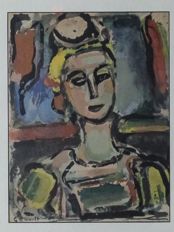 Georges Rouault French Female Color Lithograph: Georges Rouault (1871 - 1958) French, color lithograph on paper. Depicts the stylized portrait of a woman in polychrome detail. Signed in print with blind stamp lower left. Work measures 10 1/2" x 8".