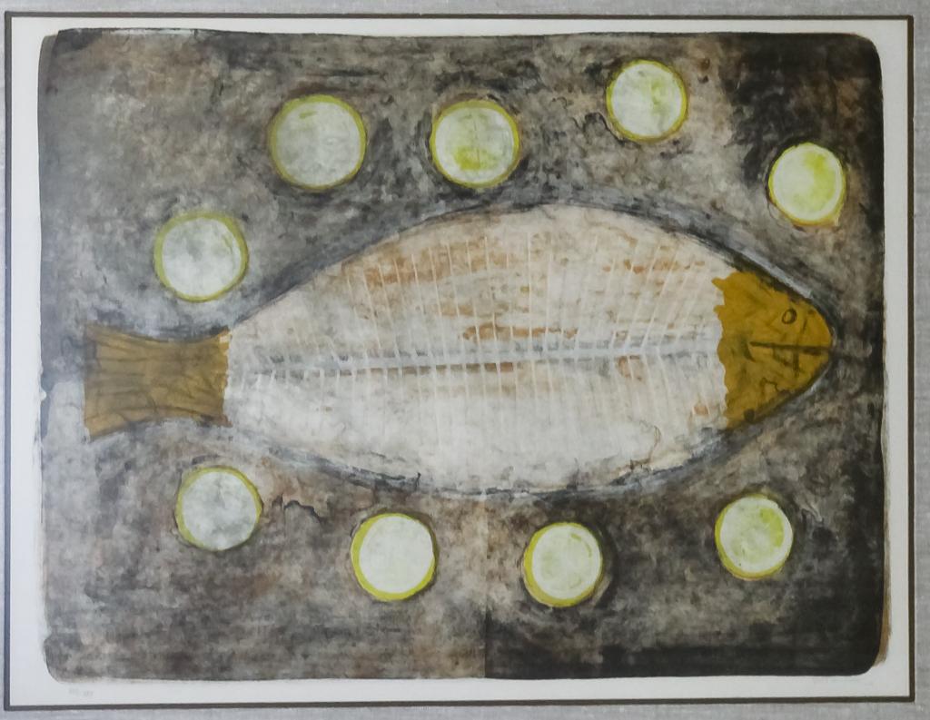 Rufino Tamayo L/E Pescado Con Limones Lithograph: Rufino Tamayo (1899-1991) Mexican, limited edition lithograph. Titled: Pescado con Limones. Depicts a stylized fish surrounded by lemon slices. Signed lower right and numbered XIII/XXV. Work measures 
