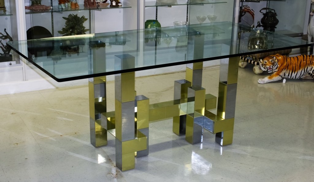 Paul Evans Modern Chrome "Cityscape" Dinning Table: Guaranteed Authentic Paul Evans Cityscape Mid Century Modern Dinning Room Table. Composed of chrome and brass plated metals. Features an architectural base in offset pattern. Thick glass top. Base mea