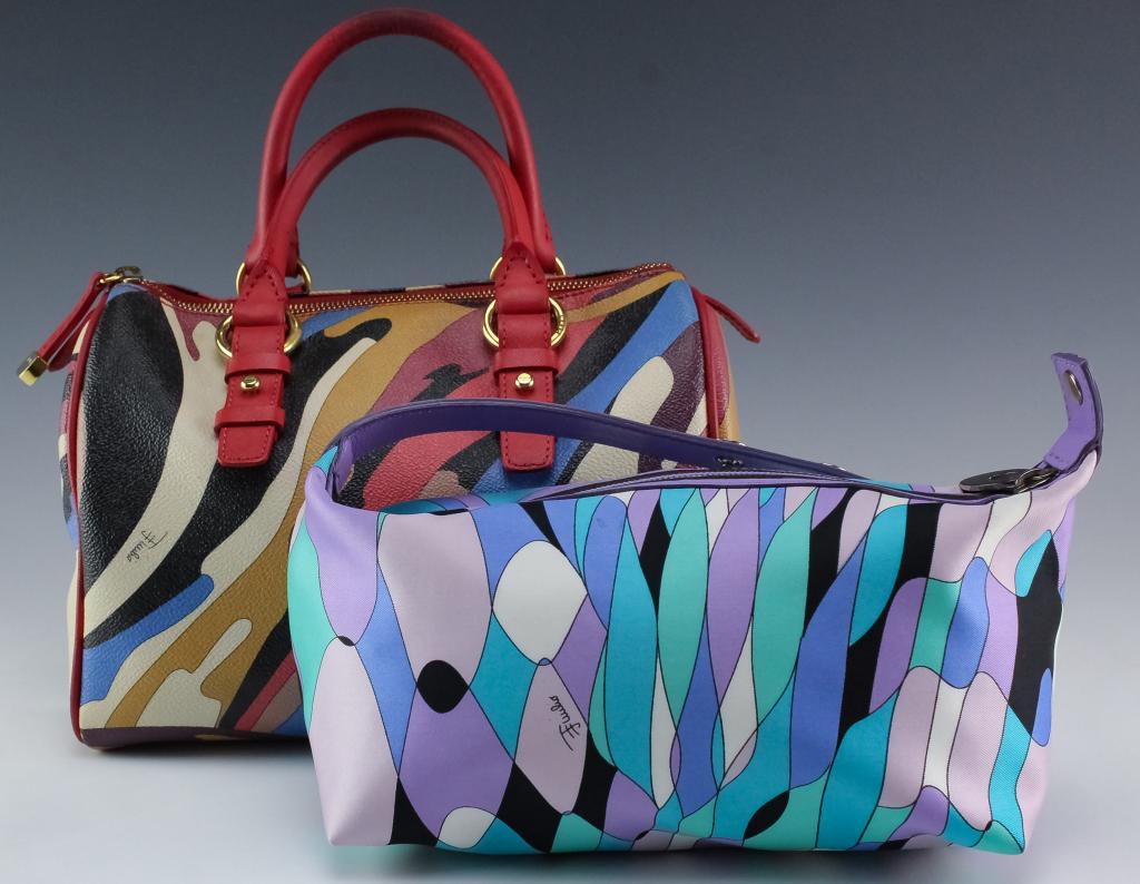 Emilio Pucci Italian Leather Canvas Handbag Purses: Guaranteed Authentic Pair of designer signed Emilio Pucci handbags. Features a leather handbag decorated with and abstract pattern measuring 7" x 9" x 6" with a 4 1/2" strap drop. The second bag is ca