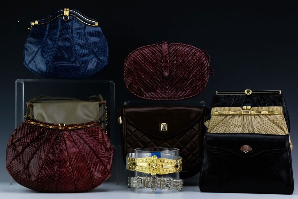 Judith Leiber Handbag Evening Bag Purse, Belt LOT: Guaranteed Authentic Collection of 8 Judith Leiber handbags,2 Judith Leiber fashion belts and a Judith Leiber gold pocket mirror with comb. Silver Swarovski crystal fashion belt with silver metal desi