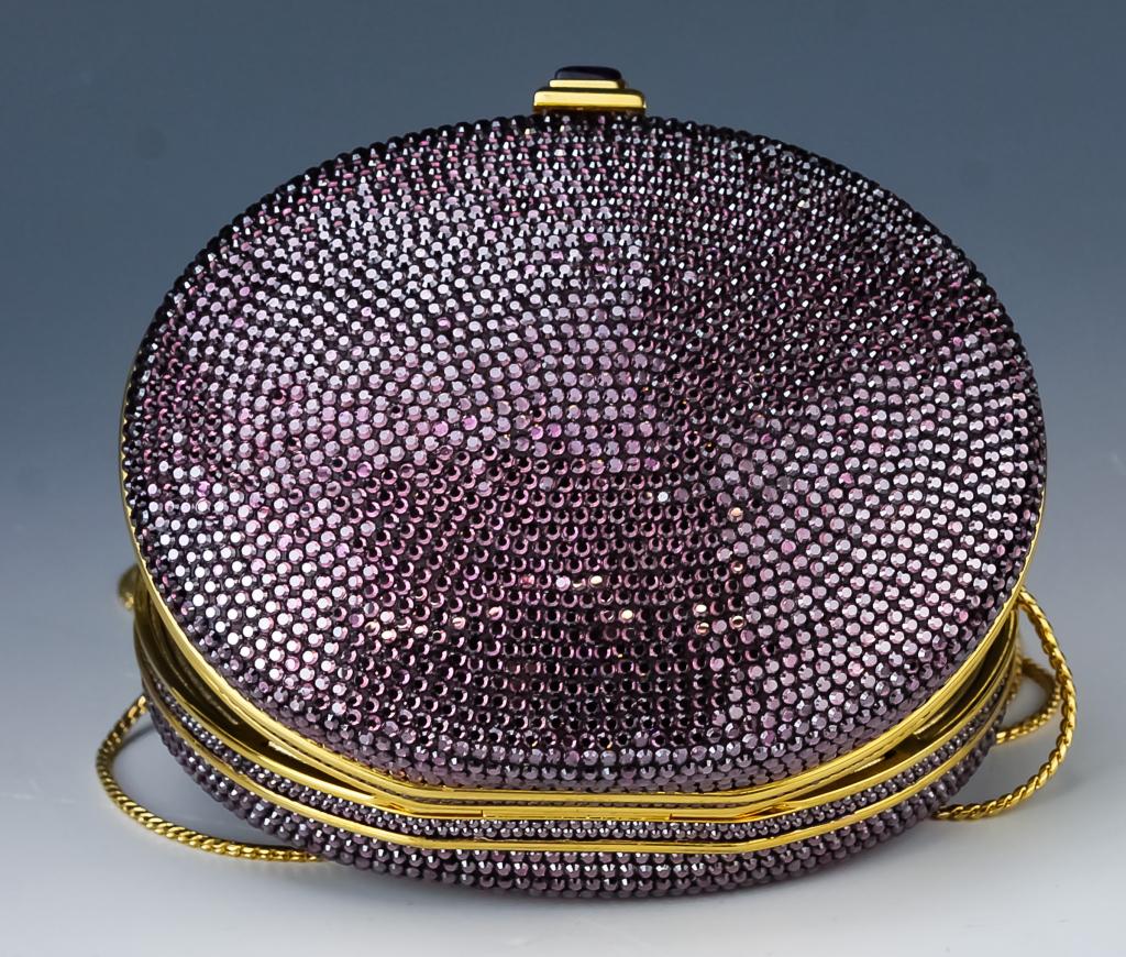 Judith Leiber Crystal Minaudiere Evening Bag Purse: Guaranteed Authentic Judith Leiber violet crystal minaudiere evening bag / purse. Purple Swarovski crystals decorate the exterior of the clutch. Body is trimmed with gold hardware and a top amethyst s