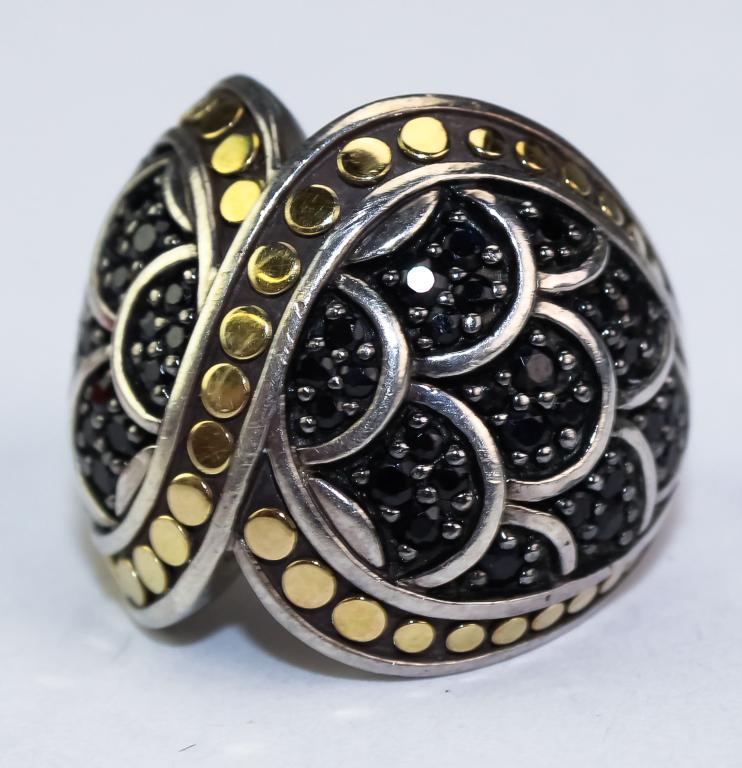 John Hardy 18k & 925 Black Diamond Bali Ring sx 7: Guaranteed Authentic John Hardy two tone black diamond ring. Features a Bali style design with prong set diamonds and 18k gold dots along the border. Size 7. Weighs 16 grams. Marked JH 18k 925. Measur