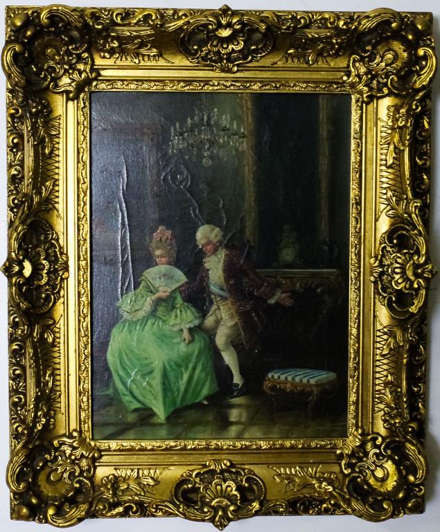 Antique Miguel Montaner Figural Oil Art Painting: Miguel Montaner (1860 - 1940) Spanish, oil on canvas painting. Depicts a pair of elegantly dressed figures in a stately room. Signed lower right. Work measures 15 1/4" x 11 1/4". Housed in frame measu