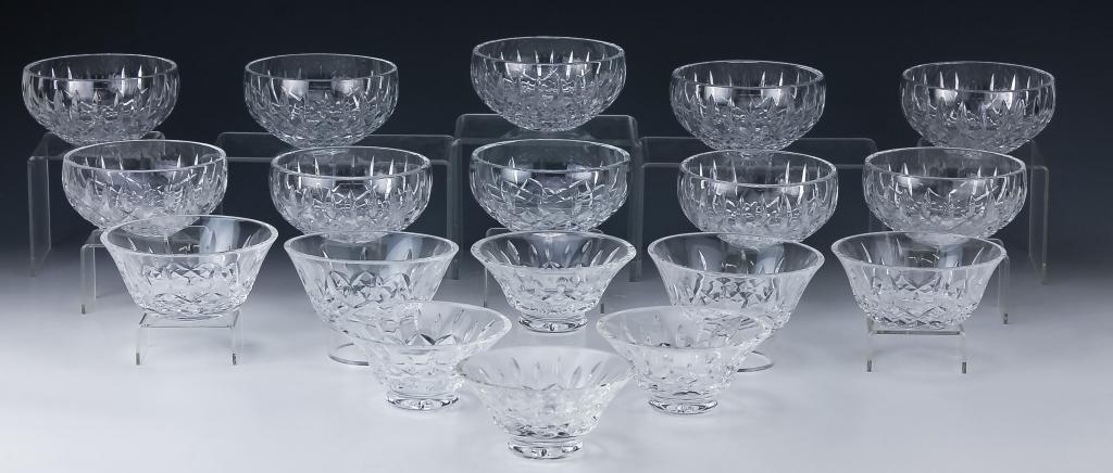 LOT 3 Styles 18 Pcs Waterford Irish Crystal Bowls: Collection of Waterford crystal bowls in three styles. Features deep vertical and diamond cuts on each. Comes with (10) 2 1/2" x 4 7/8" bowls, (4) 2 3/8" x 5 1/8" bowls, (4) 2 1/4" x 4 7/8" footed bow