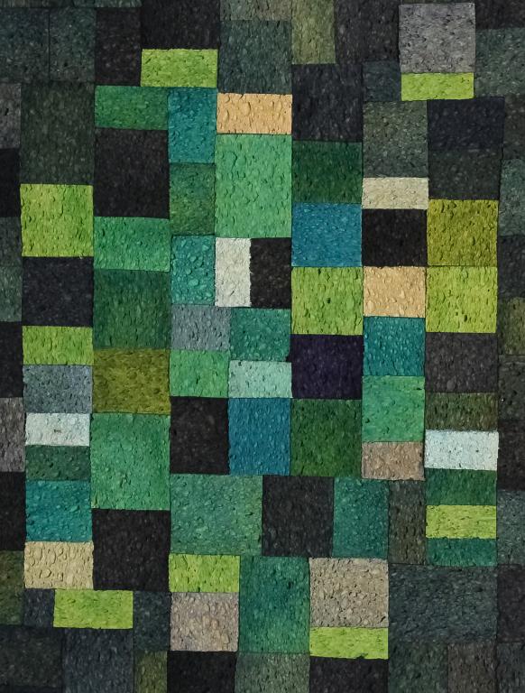 William Bowie American Mixed Media Wall Sculpture: William Bowie (1926 - 1994) American, mixed media sponge and paint hanging wall sculpture. Depicts a modernist form with sponges of various sizes rendered in shades of green. Signed on verso. Work mea