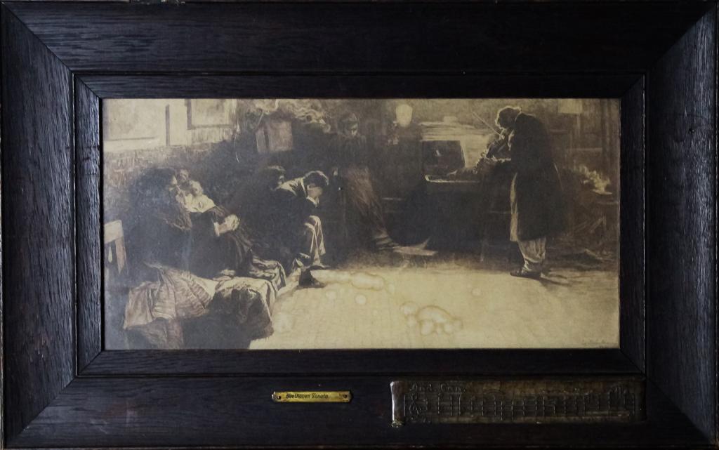 Lionello Balestrieri Beethoven Sonata Lithograph: Lionello Balestrieri (1872 - 1958) Italian stone lithograph in period frame. Features a lithograph depicting figures by a musician. Signed in print lower right. Work measures 16" x 8". Housed in frame
