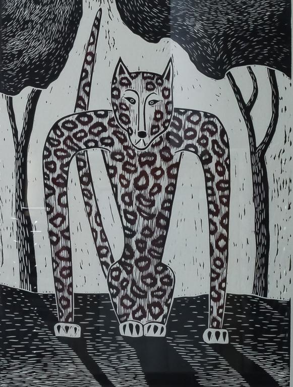 Judy McKie American Leopard LE Embossed Serigraph: Judy McKie (b.1944) American, limited edition embossed serigraph. Depicts the work titled "Leopard". Signed lower right and dated 1990, numbered 1/20 lower left. Work measures 25" x 19". Housed in fra