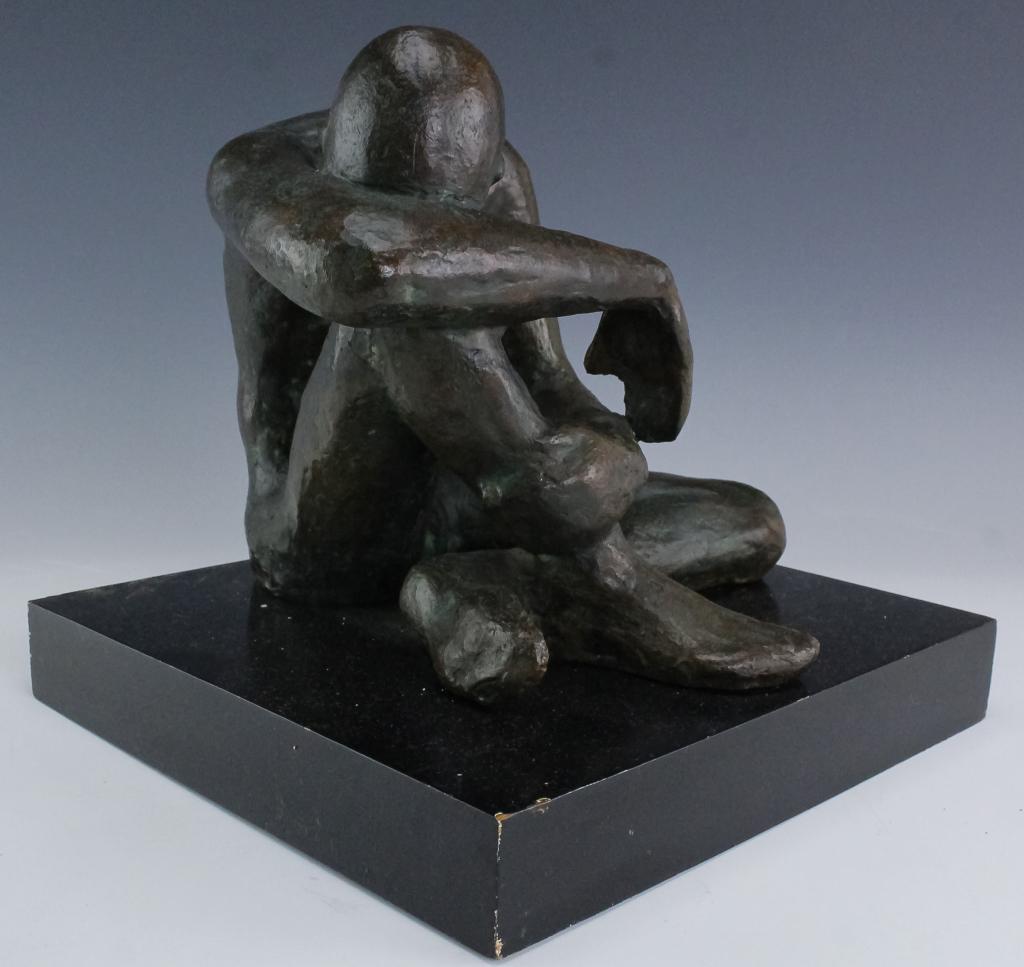 Victor Salmones (1937-1989) Mexico Bronze Statue: Victor Salmones (Mexican, 1937-1989) Introspection Seated Nude Man Bronze Signed, Lower leg Canvas: 7 1/2 in. x 9 in. x 9 1/2; Overall: 9 1/4 in. x 10 in. Condition: Good condition. For inquiries, con