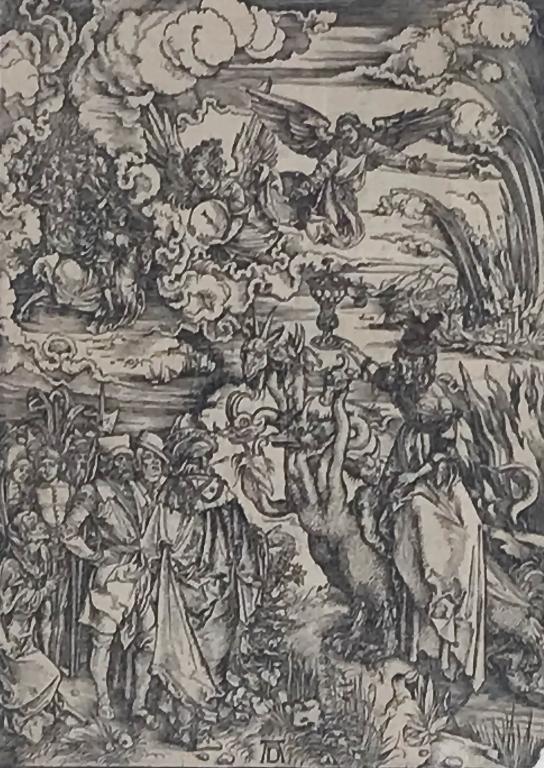 Albrecht Durer 1471-1528 Whore of Babylon 15thC Woodcut: Albrecht Durer (German, 1471-1528) "The Revelation of St John: 14. The Whore of Babylon" from The Apocalypse 15th Century or later Woodcut on Paper Monogram, Lower center Paper: 15 in. x 10 7/8 in.; F