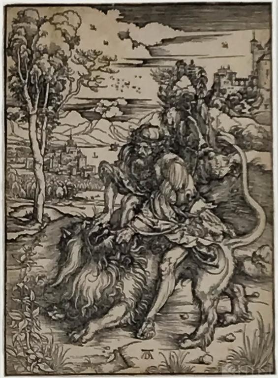 Albrecht Durer 1471-1528 Samson Fighting The Lion 15thC: Albrecht Durer (German, 1471-1528) "Samson Fighting with the Lion" 15th Century or later Woodcut on Paper Monogram, Lower center Paper: 15 1/4 in. x 10 7/8 in.; Frame: 29 1/8 in. x 23 1/8 in. Conditio