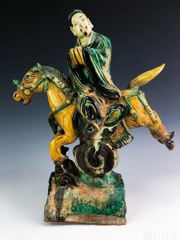Old Chinese Ceramic Horse & Rider Roof Tile Sculpture: Horse with Rider Roof Tile (Chinese, 19th Century or earlier, possibly Tang era) Horse with Monk Rider Polychrome Glaze over Ceramic Tile: 15 in. x 12 in. x 5 1/2 in. Condition: Good condition. For in