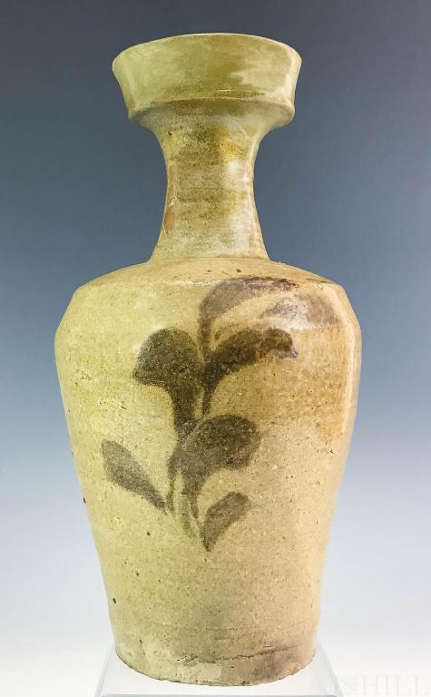 Early Korean Pottery Floral Stoneware Vase Vessel: Korean Floral Wine Vessel (Korean, 19th Century or earlier) Stoneware Vase with Floral Embellishment. Polychrome glaze over Porcelain. Measures: 10 1/4 in. x 5 1/4 in. Condition: Good condition. For i