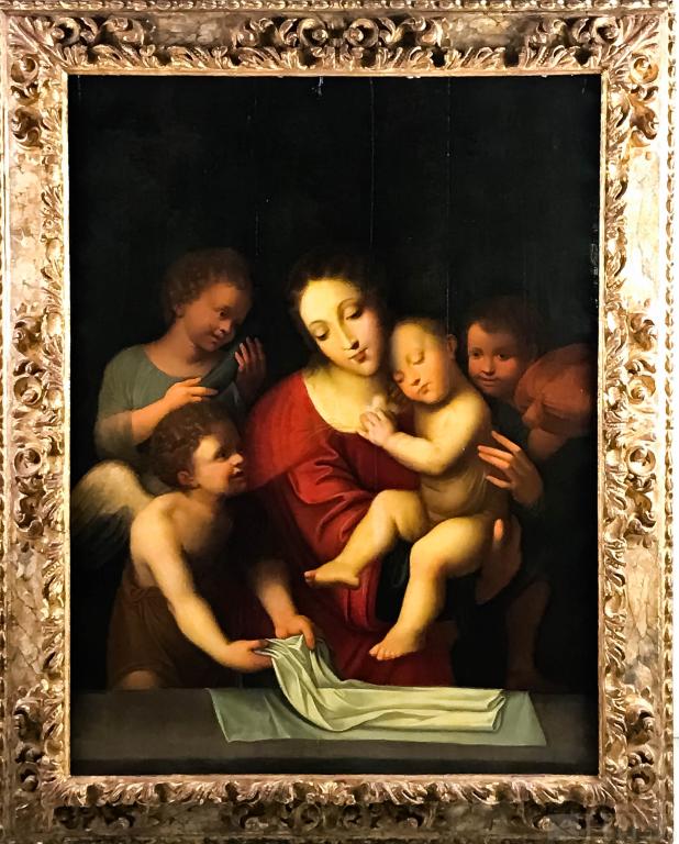 16th C. Italian Oil Painting after Bernardino Luini: Bernardino Luini, after (Italian, 1480-1532) The Holy Family Italy, 16th Century or later Oil on Panel Panel: 48 in. x 36 3/4 in.; Frame: 57 3/4 in. x 46 1/2 in. Condition: Good condition. For inquiri