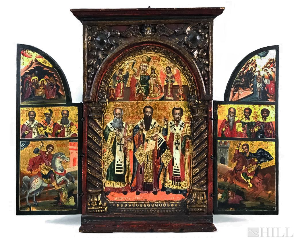 18th Century Greek Baptism of Christ Wood Triptych Icon: Religious Triptych Icon (Greece, 18th Century) Byzantine, or later Attributed to Greek School Icon of the Madonna and Child with Saints, Nativity and Baptism of Christ Tempera on Panel 22 1/4 in. x 27