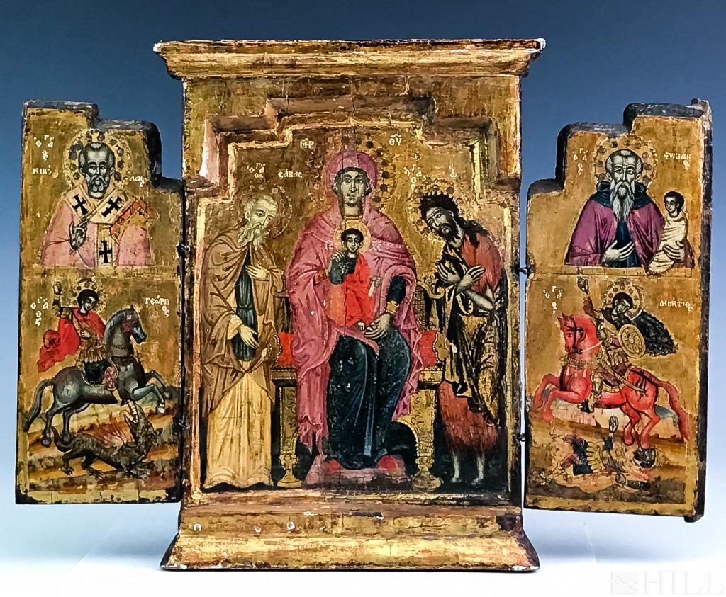 18th Century Greek School Wood Panel Triptych Icon: Religious Triptych Icon (Greece, 18th Century or later) Attributed to Greek School, possibly Byzantine Madonna and Child with Saints Gilt and Oil on Panel Panel: 11 1/8 in. x 14 3/4 in. Condition: Goo