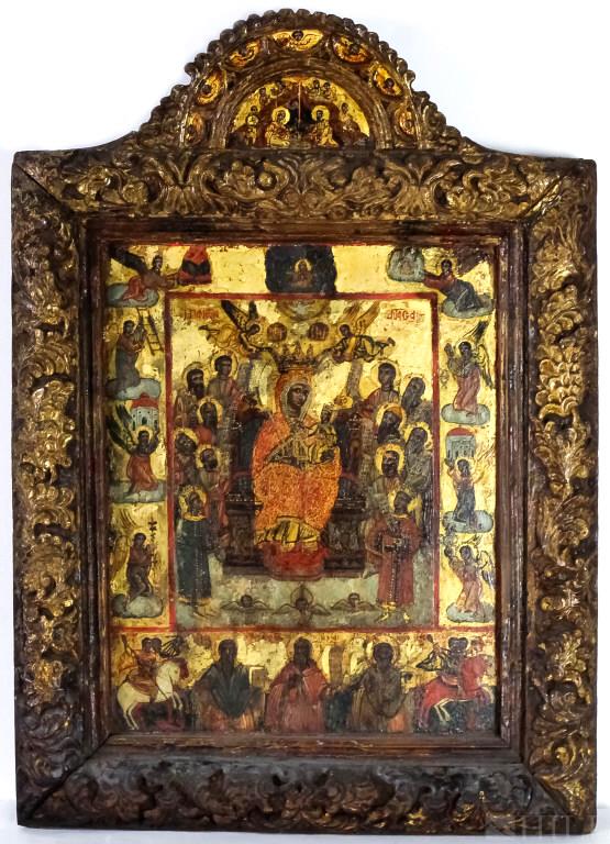 18th Century Greek School Virgin with Child Icon Panel: Religious Icon (Greece, 18th Century or later) Attributed to Greek School, possibly Byzantine Virgin and Child with Saints, Angels and Symbols of the Passion Gilt and Tempera on Panel Panel: 19 1/4 in