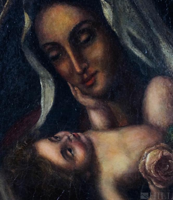 19th Century Latin American Mary & Jesus Oil Painting: Latin American Painting (South / Central American, 19th Century or later) Mary with Jesus Oil on Canvas Canvas: 33 in. x 24 3/4 in. Frame: 38 in. x 29 in. Condition: Good to fair. For inquiries, condi