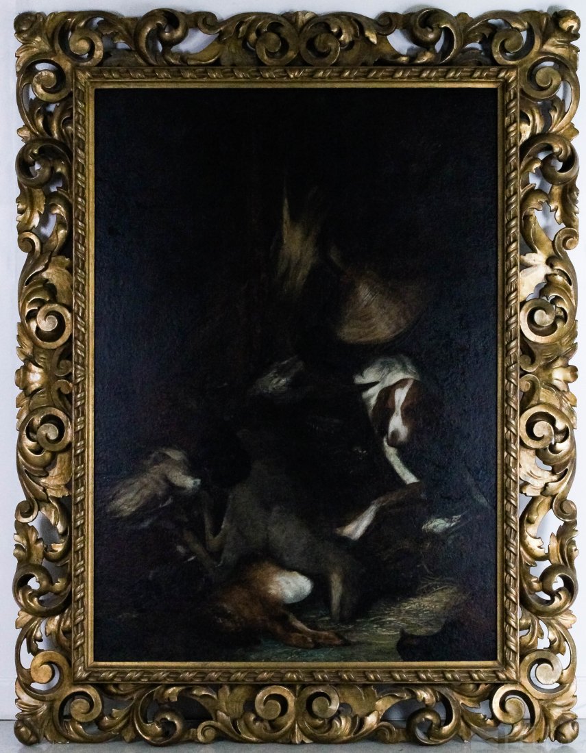Antique 19th Century Dog Hunting Oil Painting FRAMED: Animal Still Life Painting (European, 19th Century of later) Oil On Canvas Painting with Rococo Gilt Frame Canvas: 60 in. x 40 in.; Frame: 72 in. x 57 in. Condition: Good condition. For inquiries, con