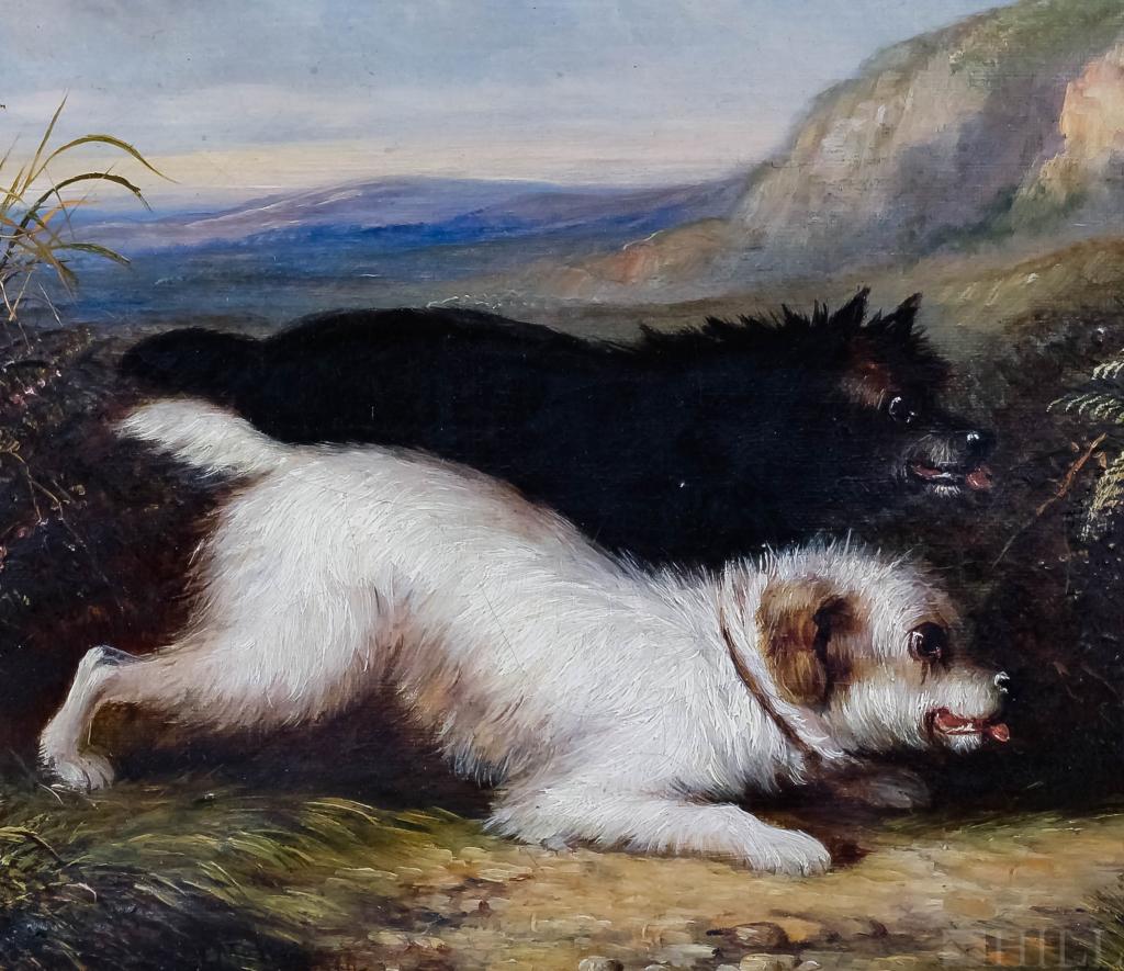 Antique English 19th Century Dog Portrait Oil Painting: Portrait of Black & White Dogs (Great Britain, 19th Century) Field Scene with Dogs Running Oil on Canvas Signed, Lower center Canvas: 9 in. x 13 in.; Frame: 16 1/2 in. x 20 1/2 in. Condition: Good con