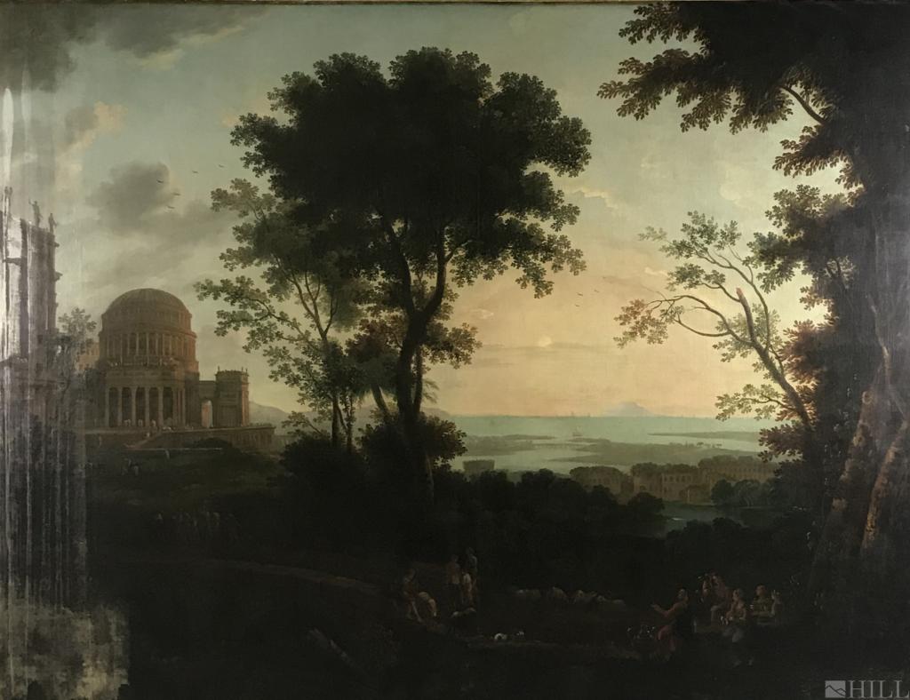 View of Delphi Oil Painting after Claude Lorrain 71x93: Claude Lorrain, after (French, 1600-1682) "View of Delphi with a Procession" Landscape with Architecture 17th Century or later Oil on canvas Canvas 71 in. x 93 1/2 in.: Frame 76 1/2 in. x 98 in. Condi