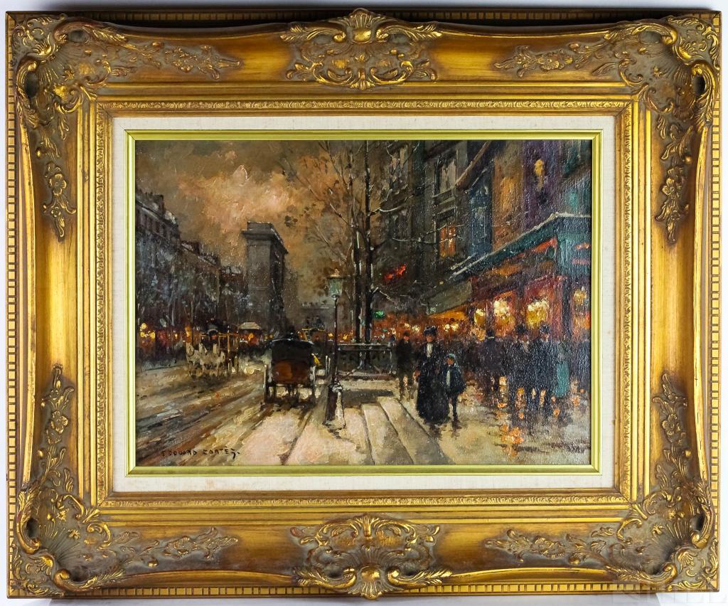 French Parisian Oil Painting after Edouard Leon Cortes: Edouard Leon Cortes, after (French,1882-1969) Parisian Street Scene in Winter Impressionist Oil on Canvas Bears Signature, Lower left Canvas: 15 1/2 in. x 21 1/2 in.; Frame: 21 in. x 27 1/2 in. Condit