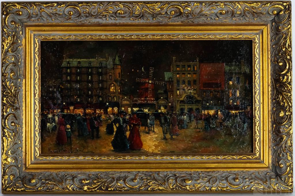 Eugene Galien Laloue (1854-1941) Parisian Oil Painting: Eugene Glaien Laloue (French,1854-1941) Parisian Street Scene with the Moulin Rouge Impressionist Oil On Canvas Signed, Lower left Canvas: 7 1/2 in. x 13 in., Frame: 11 1/4 in. x 17 in. Condition: Goo