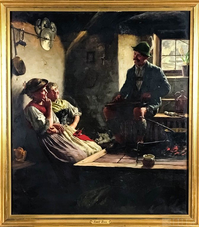 Emil Rau (1858-1937) Figural Interior Oil Painting: Emil Rau (German, 1858-1937) The Zither Player; Interior Scene with Musician Performing Lindenschmit School, Strongly influenced by the Defregger circle Oil on canvas Signed and dated, E. Rau Munchen