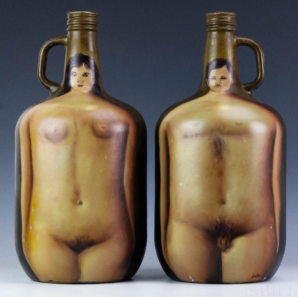 Nude Man & Woman Bottle Paintings after Fernando Botero: Fernando Botero, after (Colombian, b.1932) Pair of Hand Painted Glass Bottles Bares "Botero" signature, Lower on base Bottle: 13 in. x 6 in. x 6 in. Condition: Good condition. For inquiries, condition