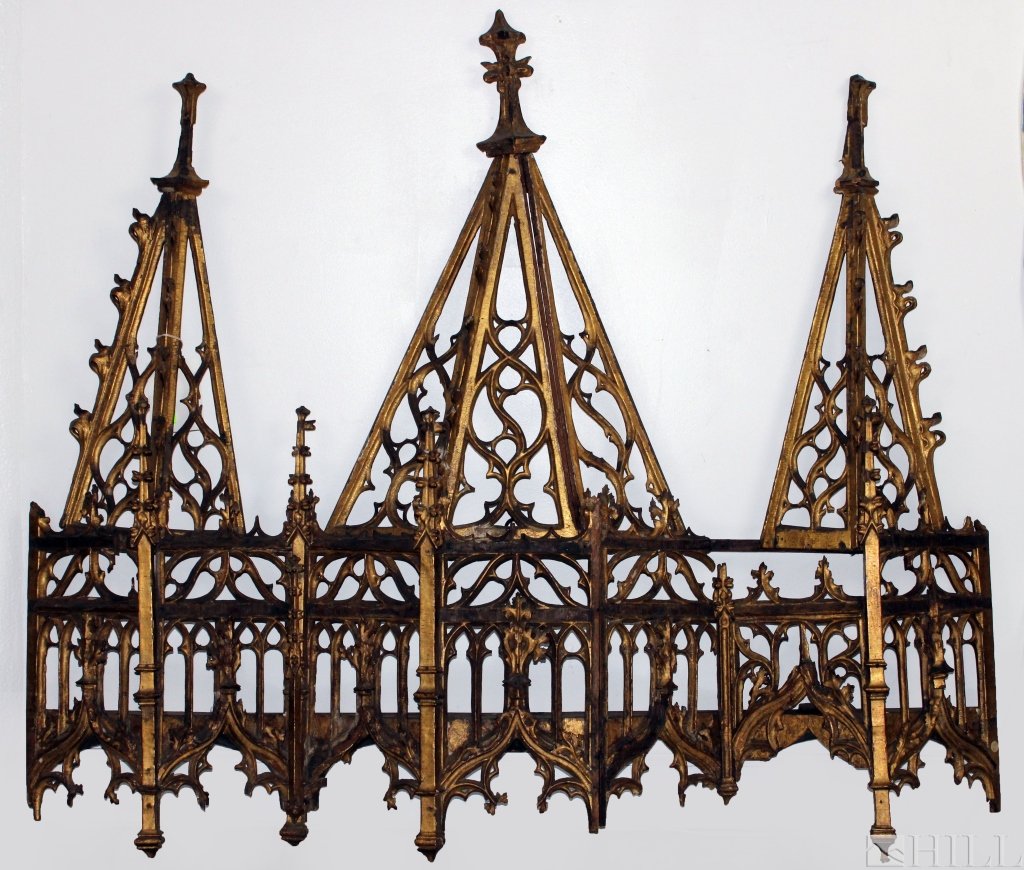 15th Century French School Gothic Giltwood Baldachin: Gothic Baldachin (France, 15th Century or later) Attributed to French School Architectural Element Gilt wood Baldachin: 57 in. x 47 in. Condition: Fair condition. For inquiries, condition report and a