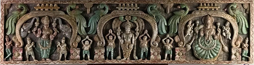 Antique Asian Deep Relief Carved Polychrome Wood Panel: Asian Deep Relief Panel (Asian, possibly Chinese or Indonesian, 20th Century) Deities with Animals Tempera on Wood Panel: 18 in. x 71 in. Condition: Good condition. For inquiries, condition report and
