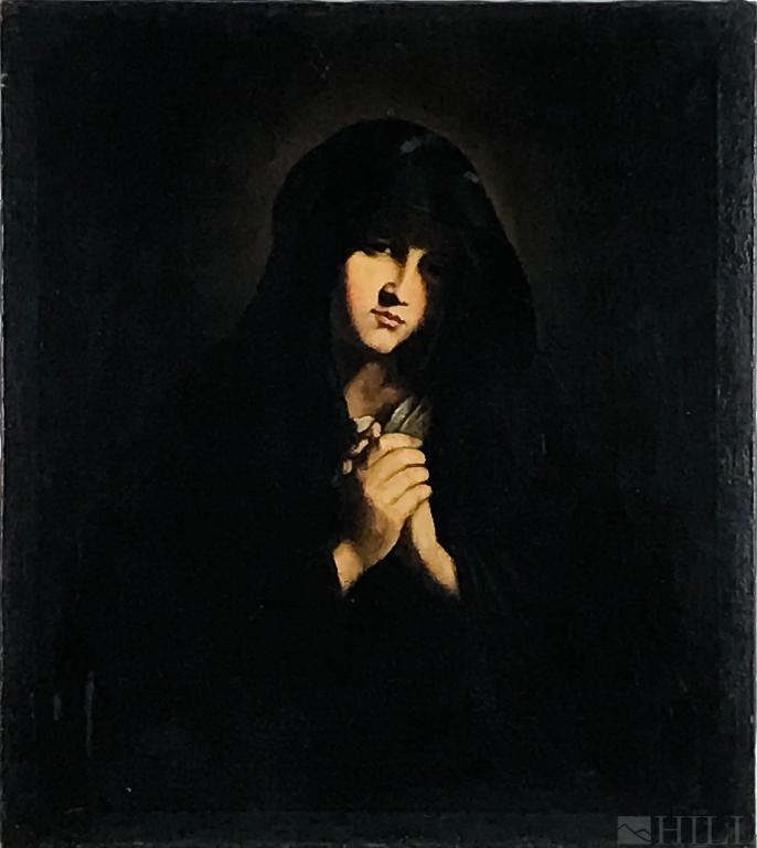 18th C Madonna Portrait Oil Painting manner Carlo Dolci: Carlo Dolci, manner of (Italian, 1616-1686) Possibly, School of Sassoferrato Portrait of Madonna 18th Century or later Oil on canvas Canvas: 33 5/8 in. x 29 1/4 in. (unframed) Condition: Good conditio