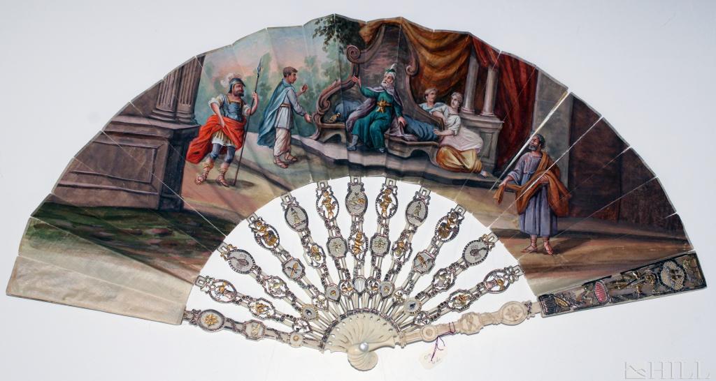 Antique 19th Century Spanish Hand Painted Silk Fan: Decorative Fan (Spanish, 19th Century) Painted Silk over Natural Material Frame Fan: 11 in. x 20 in. Condition: Good condition. For inquiries, condition report and additional images please email info.
