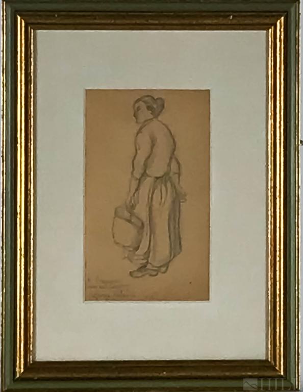 Suzanne Valadon (French, 1865-1938) Woman w/ Basket: Suzanne Valadon (French, 1865-1938) Femme qui Travaille Tenant des Panier Woman holding basket Graphite on paper Signed Lower left and dated 1903 Sight: 9 3/4 in. x 5 3/4 in.; Frame: 18 in. x 13 3/4 i