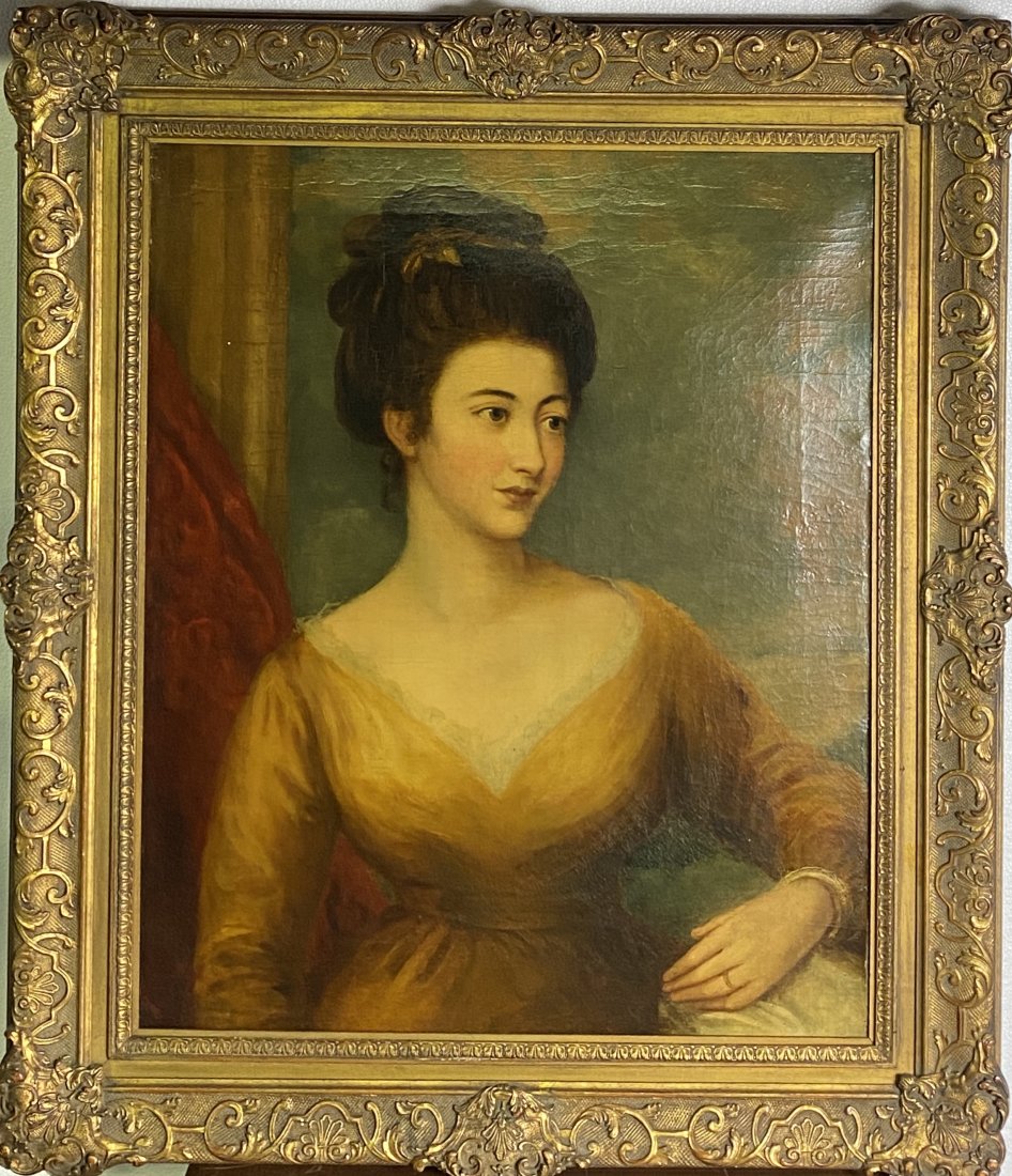 Antique English 19th Century Lady Portrait Oil Painting: Portrait of a Lady (British, 19th Century) Brunette Woman in Yellow Dress Oil on Canvas Canvas: 29 1/2 in. x 23 1/2 in.; Frame: 32 in. x 33 in. Condition: Fair condition. For inquiries, condition repo