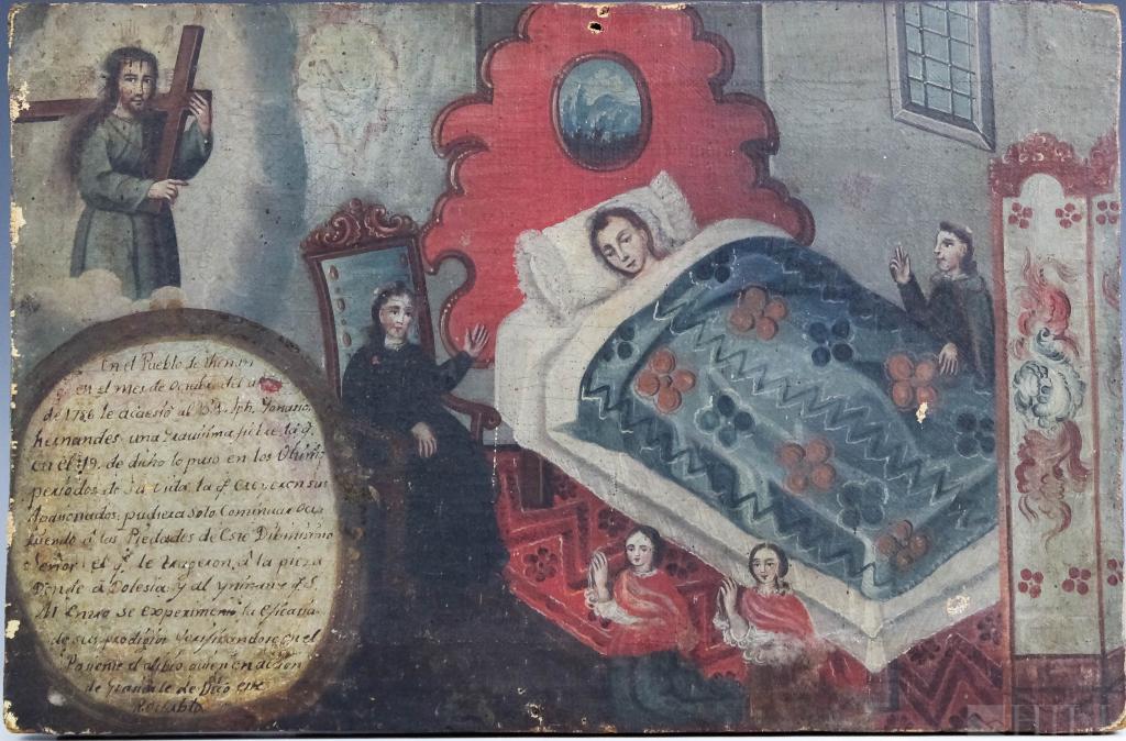 Early Antique Spanish Religious Icon Oil Painting: Last Rights Painting (Spanish, 19th Century or later) Priest and Church Officials with an Ailing Man, Jesus, and Text Primitive Oil on Canvas Canvas: 11 in. x 16 1/2 in. Condition: Fair condition. For